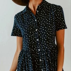 SPOTTED SHIRT COLLAR MIDI DRESS